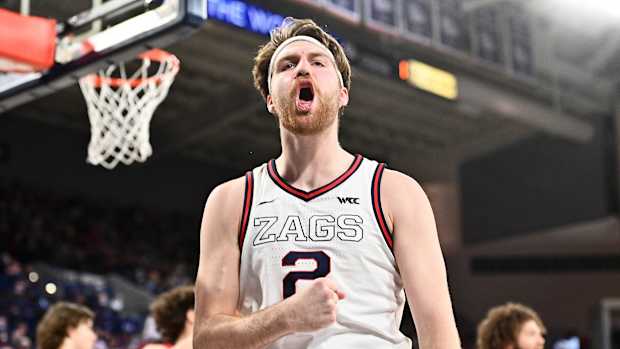 Gonzaga’s Drew Timme celebrates a basket